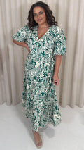 CurveWow Puff Sleeve Tiered Wrap Dress Teal Green Floral