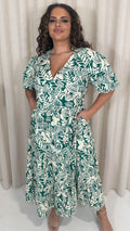 CurveWow Puff Sleeve Tiered Wrap Dress Teal Green Floral