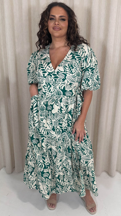 CurveWow Puff Sleeve Tiered Wrap Dress Teal Green Floral