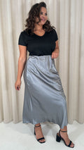 CurveWow Satin Midi Skirt Grey