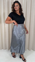 CurveWow Satin Midi Skirt Grey