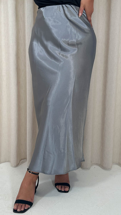 CurveWow Satin Midi Skirt Grey