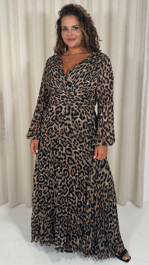 CurveWow Pleated Wrap Midi Dress Leopard