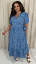 CurveWow Wrap Puff Sleeve Tiered Wrap Dress Blue Floral