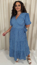 CurveWow Wrap Puff Sleeve Tiered Wrap Dress Blue Floral