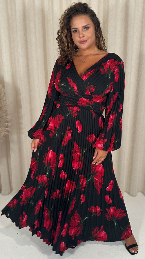 CurveWow Pleated Wrap Maxi Dress Black and Red Floral