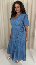 CurveWow Wrap Puff Sleeve Tiered Wrap Dress Blue Floral