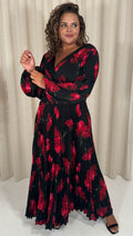 CurveWow Pleated Wrap Maxi Dress Black and Red Floral