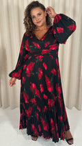 CurveWow Pleated Wrap Maxi Dress Black and Red Floral