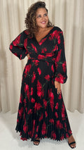 CurveWow Pleated Wrap Maxi Dress Black and Red Floral