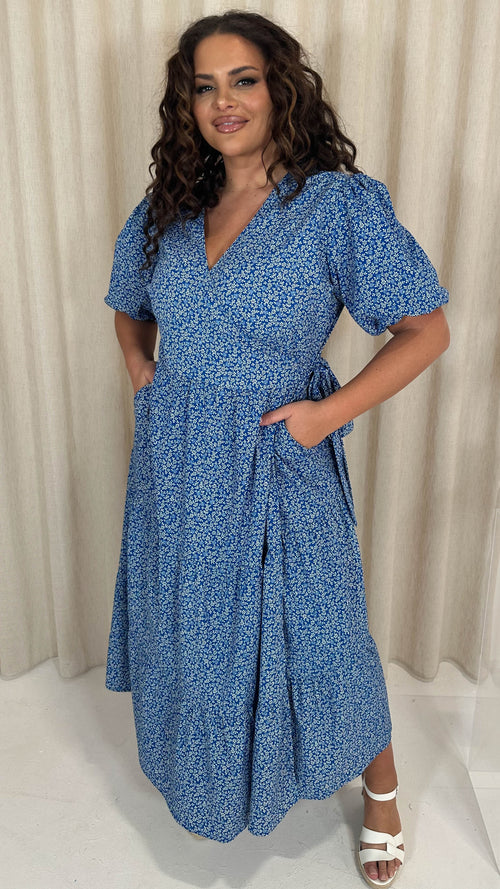 CurveWow Wrap Puff Sleeve Tiered Wrap Dress Blue Floral