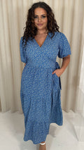 CurveWow Wrap Puff Sleeve Tiered Wrap Dress Blue Floral