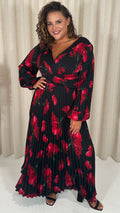 CurveWow Pleated Wrap Maxi Dress Black and Red Floral