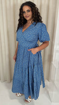 CurveWow Wrap Puff Sleeve Tiered Wrap Dress Blue Floral