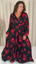 CurveWow Pleated Wrap Maxi Dress Black and Red Floral