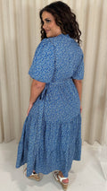 CurveWow Wrap Puff Sleeve Tiered Wrap Dress Blue Floral