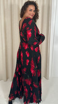 CurveWow Pleated Wrap Maxi Dress Black and Red Floral