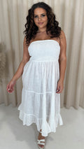 CurveWow Cotton Shirred Bandeau Midi Dress White