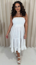 CurveWow Cotton Shirred Bandeau Midi Dress White