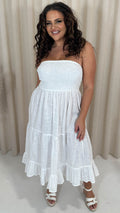 CurveWow Cotton Shirred Bandeau Midi Dress White