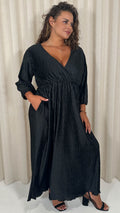 CurveWow Zigzag Plisse Balloon Sleeve Maxi Dress Black