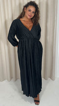 CurveWow Zigzag Plisse Balloon Sleeve Maxi Dress Black