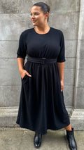 CurveWow Textured Belted Pocket Midi Dress Black