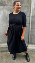 CurveWow Textured Belted Pocket Midi Dress Black