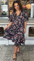 CurveWow Wrap Angel Sleeve Trapeze Midi Dress Floral Spot