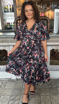 CurveWow Wrap Angel Sleeve Trapeze Midi Dress Floral Spot