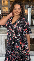 CurveWow Wrap Angel Sleeve Trapeze Midi Dress Floral Spot