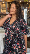 CurveWow Wrap Angel Sleeve Trapeze Midi Dress Floral Spot