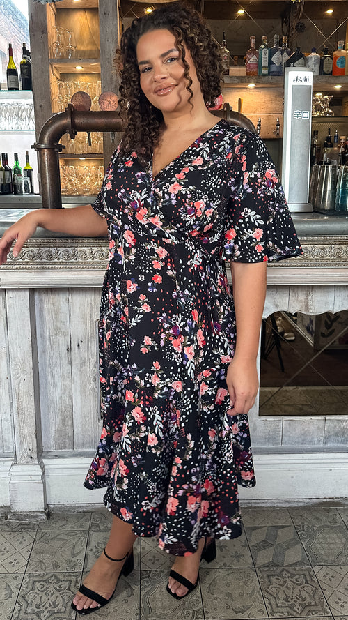 CurveWow Wrap Angel Sleeve Trapeze Midi Dress Floral Spot