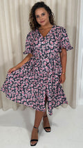 CurveWow Button Through Dress Black Pink Ditsy Floral