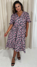 CurveWow Button Through Dress Black Pink Ditsy Floral