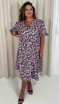 CurveWow Button Through Dress Black Pink Ditsy Floral