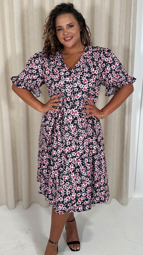 CurveWow Button Through Dress Black Pink Ditsy Floral