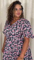 CurveWow Button Through Dress Black Pink Ditsy Floral