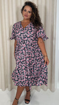 CurveWow Button Through Dress Black Pink Ditsy Floral