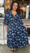 CurveWow Shirred V Neck Maxi Dress Navy Floral