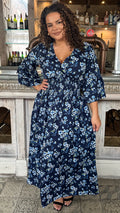 CurveWow Shirred V Neck Maxi Dress Navy Floral