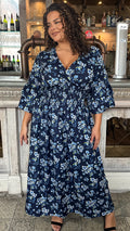 CurveWow Shirred V Neck Maxi Dress Navy Floral