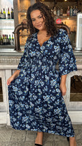 CurveWow Shirred V Neck Maxi Dress Navy Floral