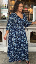 CurveWow Shirred V Neck Maxi Dress Navy Floral