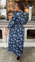 CurveWow Shirred V Neck Maxi Dress Navy Floral