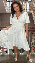 CurveWow Lace Dipped Hem Knot Front Dress White