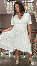 CurveWow Lace Dipped Hem Knot Front Dress White