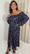 CurveWow Milkmaid Balloon Sleeve Midi Dress Navy Ditsy