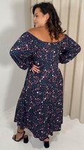 CurveWow Milkmaid Balloon Sleeve Midi Dress Navy Ditsy