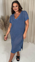 CurveWow Crochet Knitted V Neck Beach Dress Indigo Blue